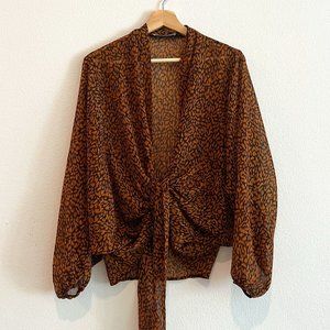VICI Sheer Cheetah Front Tie Long Sleeve Shirt